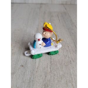 Vintage Linus Snoopy building Snowman train car ornament Xmas